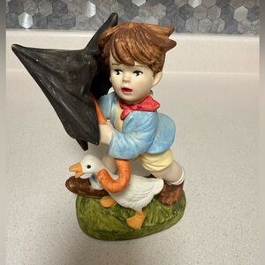 Vintage Ceramic Statue Handpainted- Boy with Umbrella and Goose, initials RS 82